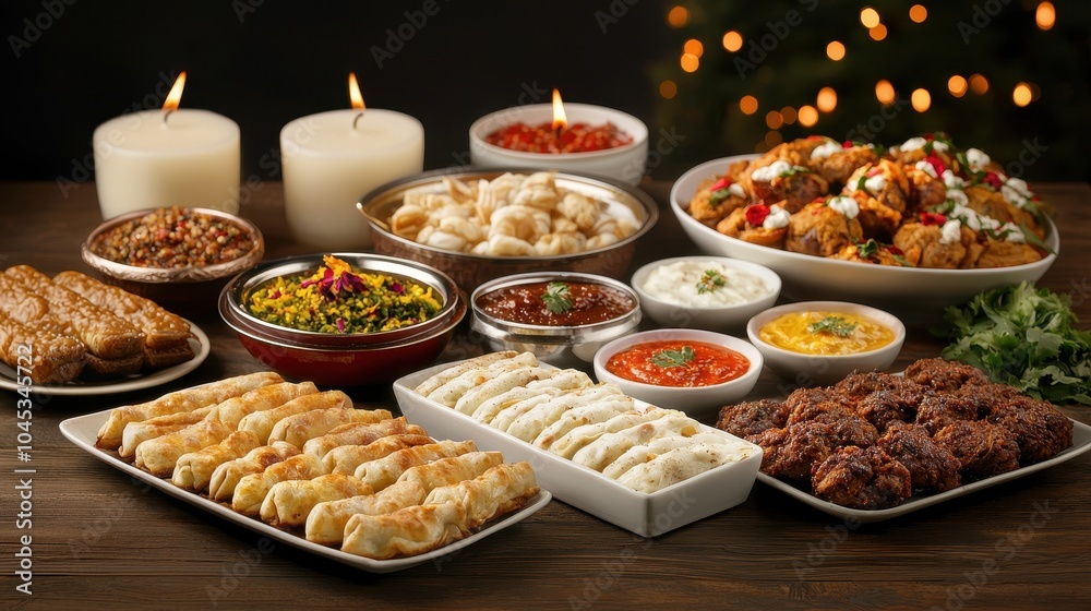 A festive Diwali table setup with traditional food, candles, and flowers, colorful dishes, celebration feast, inviting and warm A festive Diwali table setup with traditional food, candles, and flowers, colorful dishes, celebration feast, inviting and warm