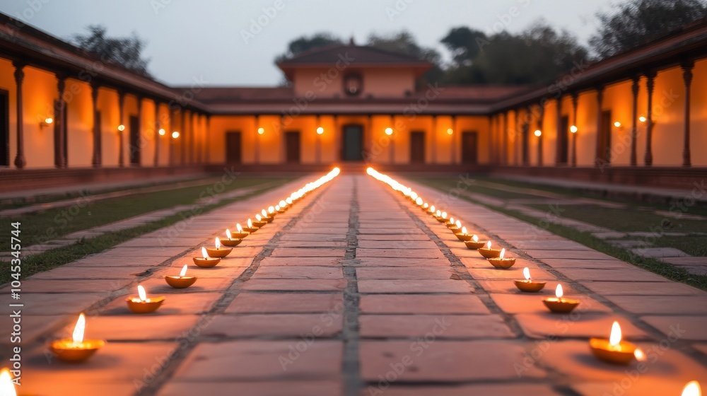 A temple courtyard adorned with hundreds of diyas for Diwali night, soft glowing lights, spiritual ambiance, serene setting A temple courtyard adorned with hundreds of diyas for Diwali night, soft glowing lights, spiritual ambiance, serene setting