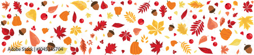 autumn yellow, red leaves, acorns, mountain ash, pumpkin. background for the decoration of autumn holidays, Thanksgiving day. November, October. vector, graphic image.