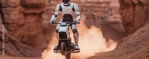 Humanoid robot riding a hoverbike through a canyon on a distant planet, dust trails behind photo