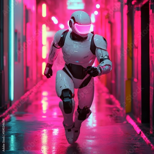 Tapety artystyczne Humanoid robot running through a cyberpunk alley, neon lights reflecting off the wet streets