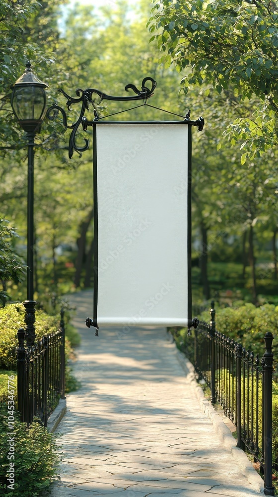 Fototapeta premium A blank outdoor sign mockup is displayed in a park along a neatly paved walking path