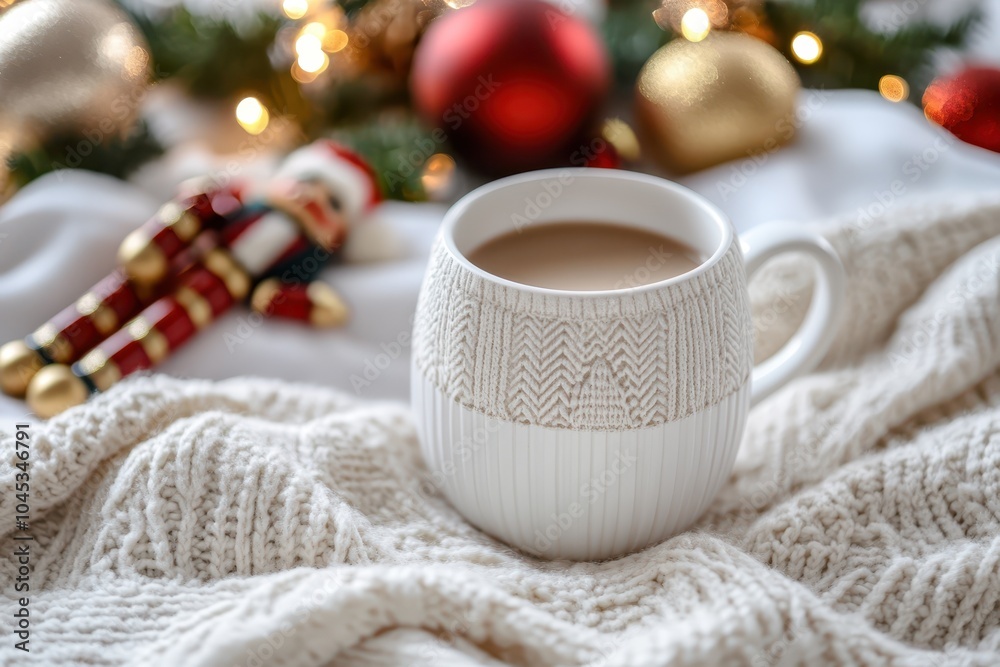 A white mug placed on a snowy surface, surrounded by Christmas decorations A white mug placed on a snowy surface, surrounded by Christmas decorations