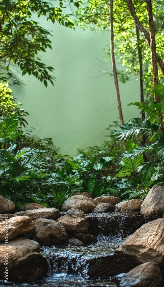 Misty Forest Stream, Tranquil Nature Scene with Green Lush Tropical Foliage and Flowing Water Misty Forest Stream, Tranquil Nature Scene with Green Lush Tropical Foliage and Flowing Water