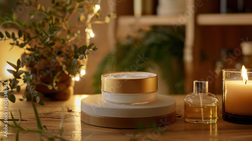 A sleek jar of anti-aging body cream placed next to essential oils and candles, promoting a rejuvenating skincare routine photo