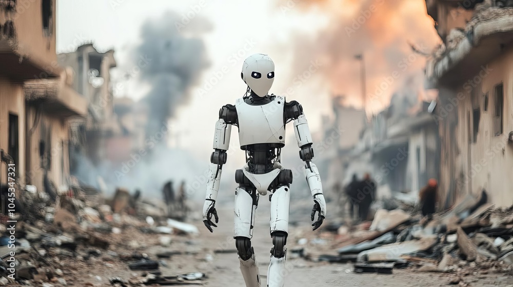 Humanoid robot walking through a war-torn city street, debris and smoke filling the air Humanoid robot walking through a war-torn city street, debris and smoke filling the air