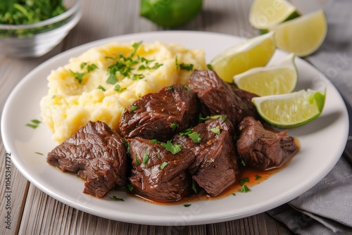 A plate of carne de sol, sun-dried beef served with mashed cassava, garnished with fresh herbs and lime wedges