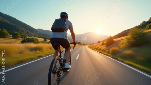 A cyclist rides on a winding road through the countryside. 