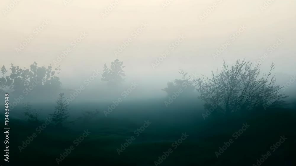 Serene misty morning landscape with silhouetted trees and soft fog Serene misty morning landscape with silhouetted trees and soft fog