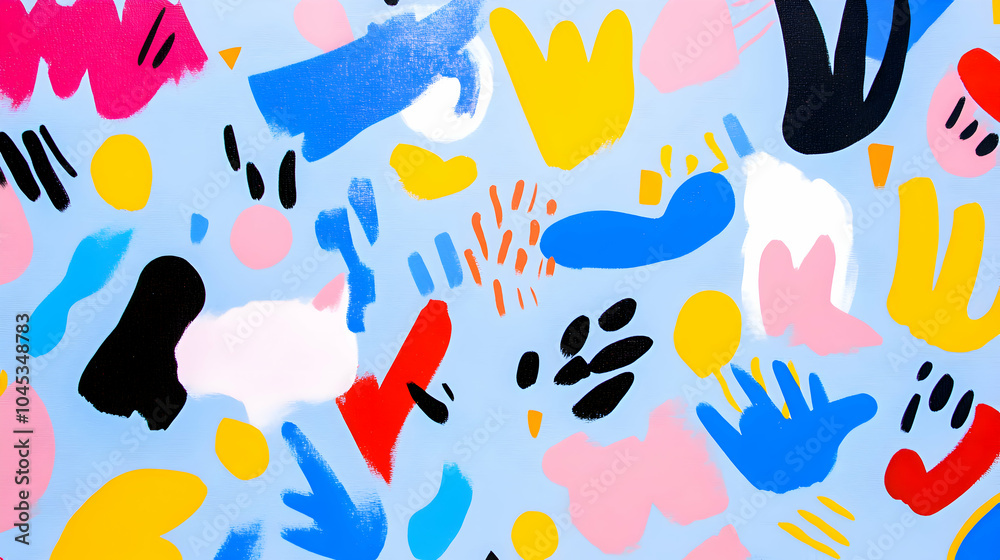 Fototapeta premium An abstract birthday background with bold, asymmetrical shapes in bright colors scattered across a light blue canvas, giving a dynamic and fun look