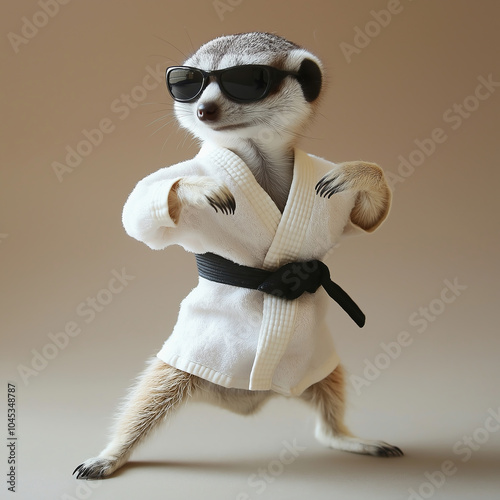 Cool meerkat poses in karate uniform with sunglasses photo