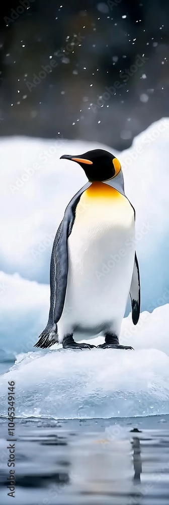 Fototapeta premium Emperor penguin standing on iceberg in snowy Antarctic landscape