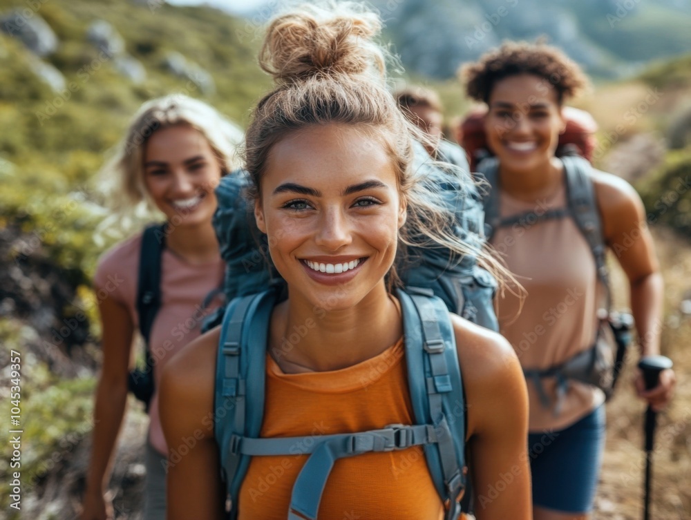 Smiling woman with backpacks walking up a trail with other women Smiling woman with backpacks walking up a trail with other women