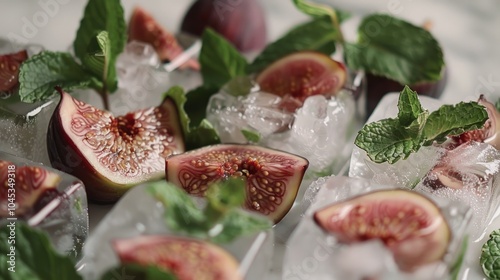 Fig and Mint Ice Cubes, vibrant fig slices and fresh mint leaves frozen in clear ice, perfect for enhancing beverages with a touch of elegance and flavor. photo