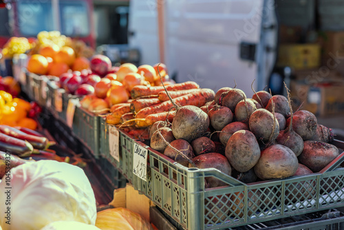 A vibrant market scene, showcasing fresh produce and local delicacies. Ideal image for concepts of local culture, food markets. photo