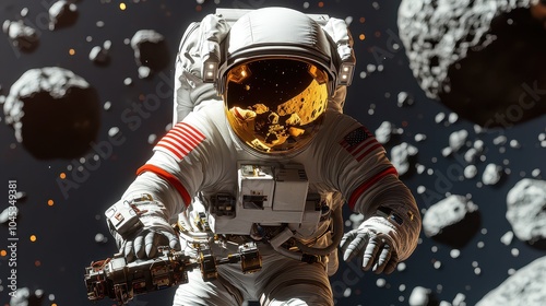 An astronaut explores a vast field of asteroids in deep space, showcasing the wonders of the universe and human exploration. photo