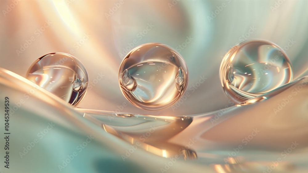 Delicate glass orbs glimmer on gentle fabric waves under soft sunlight Delicate glass orbs glimmer on gentle fabric waves under soft sunlight