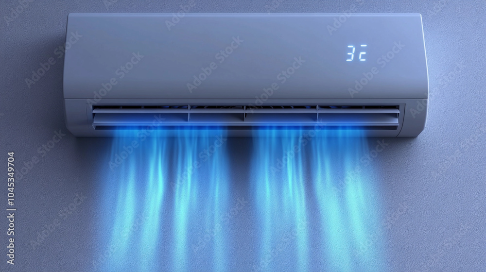 Modern air conditioning unit releasing cool air into a room while displaying temperature setting Modern air conditioning unit releasing cool air into a room while displaying temperature setting