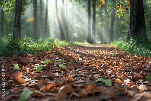 A serene forest path covered in autumn leaves with sunlight filtering through.