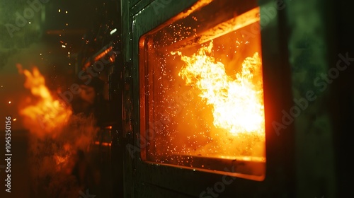 Intense flames erupt from industrial oven creating a dramatic scene of fire and light in an enclosed space