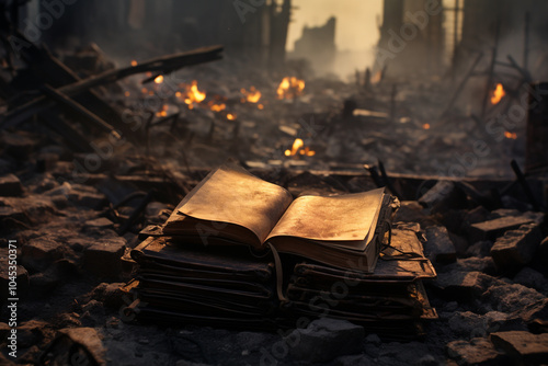 Destroyed book on the floor of the ruined city because of war. War destruction concept. AI generated
