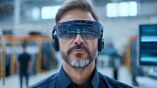 Innovative warehouse manager wearing advanced augmented reality glasses, overseeing operations with focused expression. high tech environment enhances productivity and efficiency