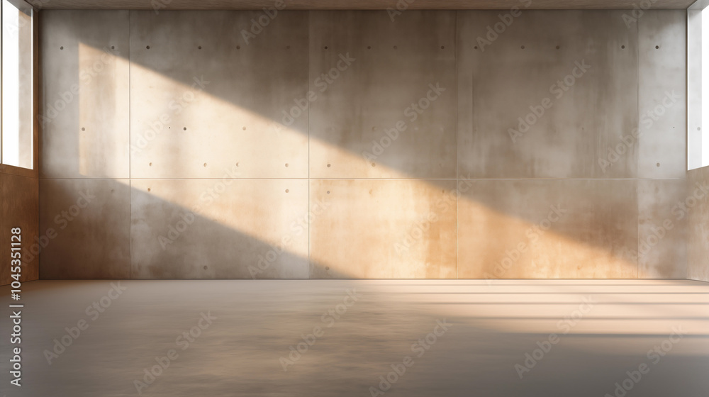 Concrete room. Sunlight Streaming through Window in Minimalist Empty Concrete Room. Studio design. Modern interior. Architectural background