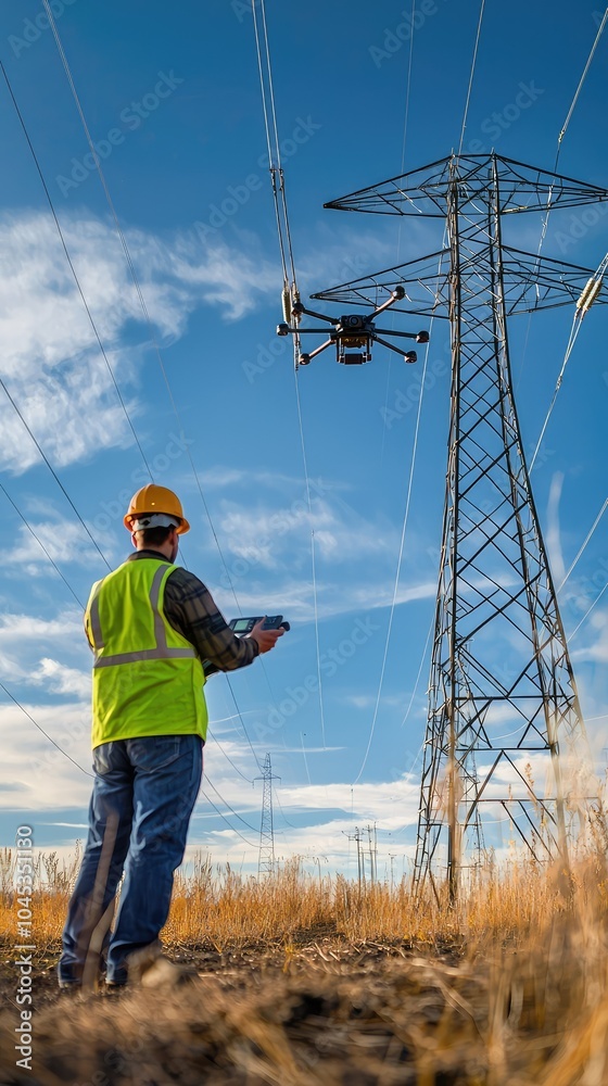 Technician Using Drone to Inspect Power Lines