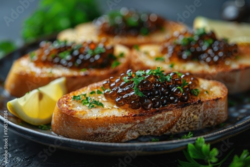 A plate of caviar on buttered toast, garnished with lemon wedges and fresh parsley. photo