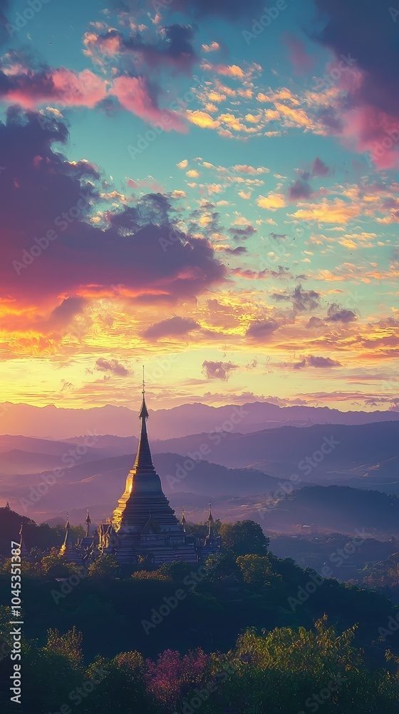 Serene Temple at Sunrise in Tranquil Landscape Serene Temple at Sunrise in Tranquil Landscape