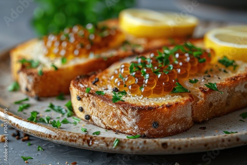 A plate of caviar on buttered toast, garnished with lemon wedges and fresh parsley. photo