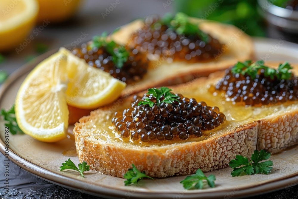 A plate of caviar on buttered toast, garnished with lemon wedges and fresh parsley. A plate of caviar on buttered toast, garnished with lemon wedges and fresh parsley.