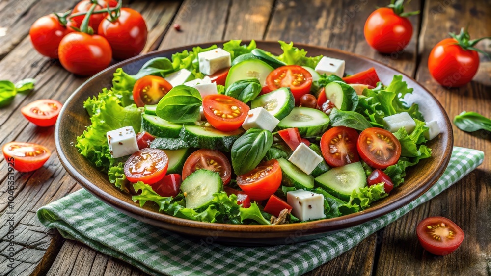 Fresh summer salad with mixed greens, tomatoes, cucumbers, and feta cheese on a rustic background, healthy, salad Fresh summer salad with mixed greens, tomatoes, cucumbers, and feta cheese on a rustic background, healthy, salad