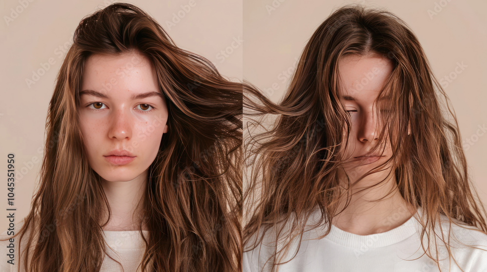 Before-and-after comparison showing dull hair being revived with a hair moisturizer treatment Before-and-after comparison showing dull hair being revived with a hair moisturizer treatment