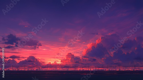 The sky just after sunset, with vibrant purples and reds lingering above the horizon before the darkness of night settles in. photo