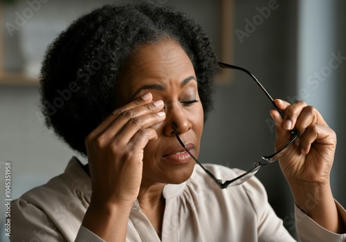 Tired businesswoman rubbing her eyes feeling eye strain taking off glasses after long computer work
