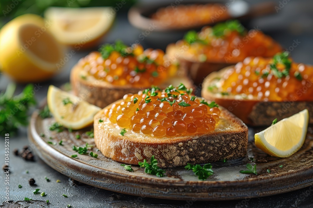 A plate of caviar on buttered toast, garnished with lemon wedges and fresh parsley. A plate of caviar on buttered toast, garnished with lemon wedges and fresh parsley.