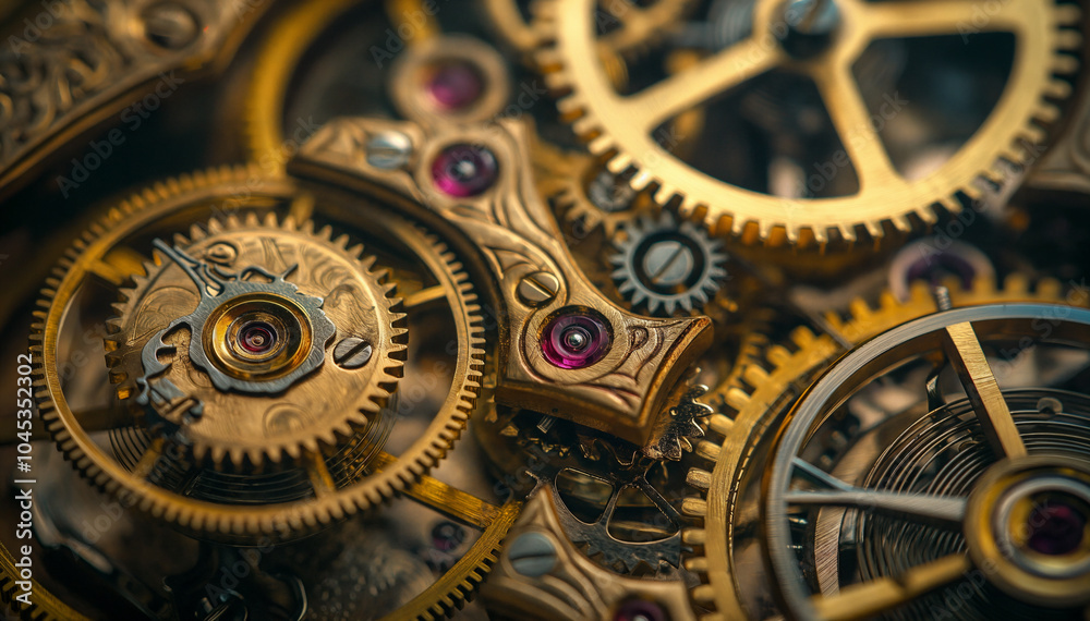 Intricate golden gears intertwining with ruby accents in an antique clock assembly Intricate golden gears intertwining with ruby accents in an antique clock assembly