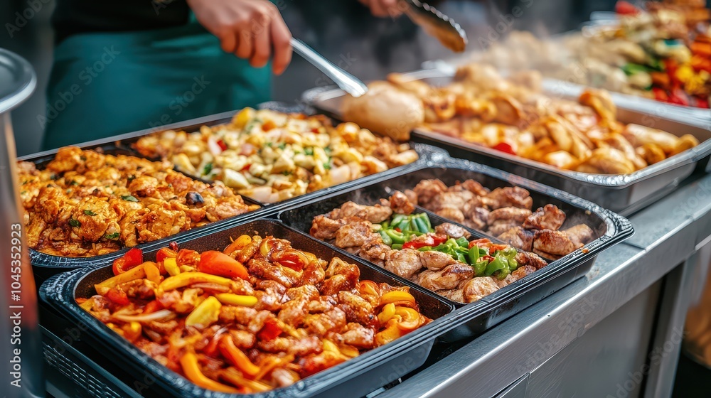 Obraz premium Delicious variety of takeout dishes served in containers, featuring colorful vegetables and tender meats, perfect for a feast.