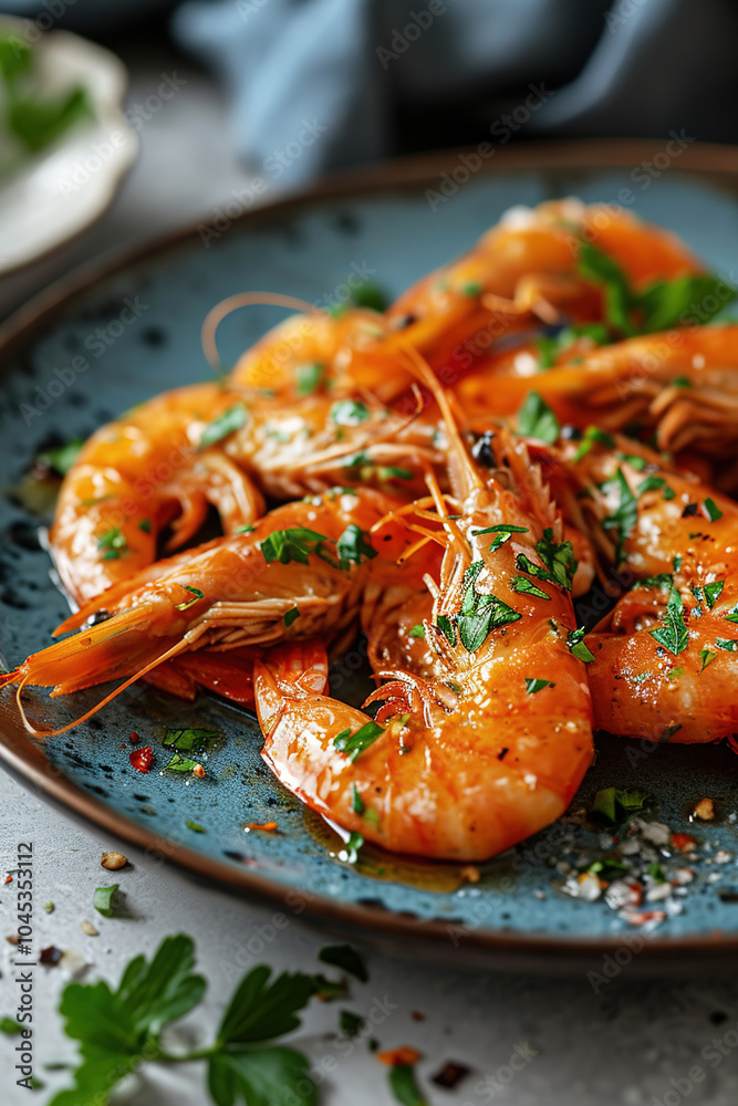 vertical closeup of a blue ceramic bowl with fried shrimp with spices vertical closeup of a blue ceramic bowl with fried shrimp with spices
