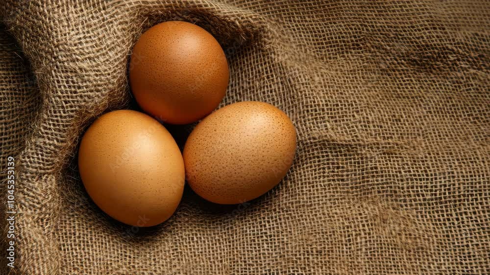 Three brown eggs sit on a burlap surface Three brown eggs sit on a burlap surface