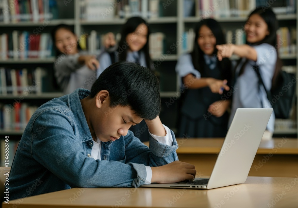 Sad asian student feeling excluded in the library while using a laptop with classmates bullying him in the background Sad asian student feeling excluded in the library while using a laptop with classmates bullying him in the background