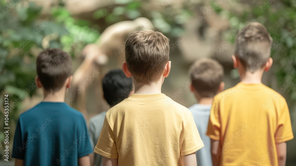 Curious children observing wildlife at the zoo, captured from behind, highlighting their fascination with nature. Curious children observing wildlife at the zoo, captured from behind, highlighting their fascination with nature.
