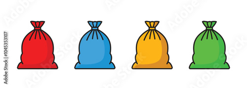 A set of tied agricultural or garbage bags of different colors on a white background.