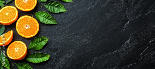Panel kuchenny z motywem Fresh orange slices and green leaves arranged on a black slate background, copy space.