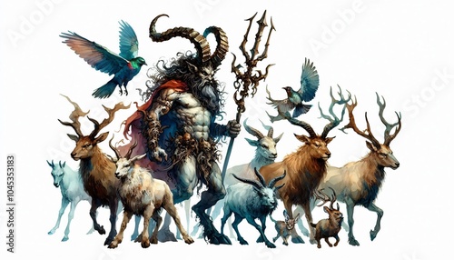 Barbatos, Depicted as a hunter with four kings horns, accompanied by animals, a demon in watercolor illustration photo