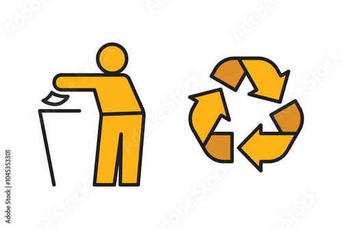 An icon of a person throwing away garbage next to a yellow recycling symbol in the form of arrows.