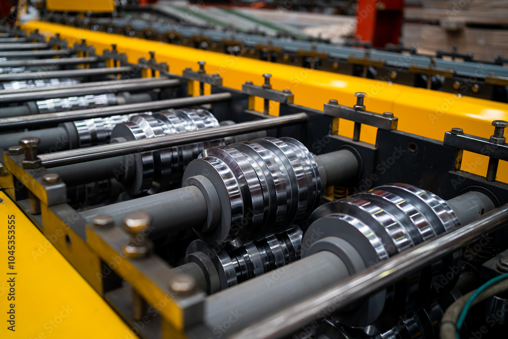 Naklejka premium A machine is making metal parts with a yellow and black color scheme. The machine is in a factory setting