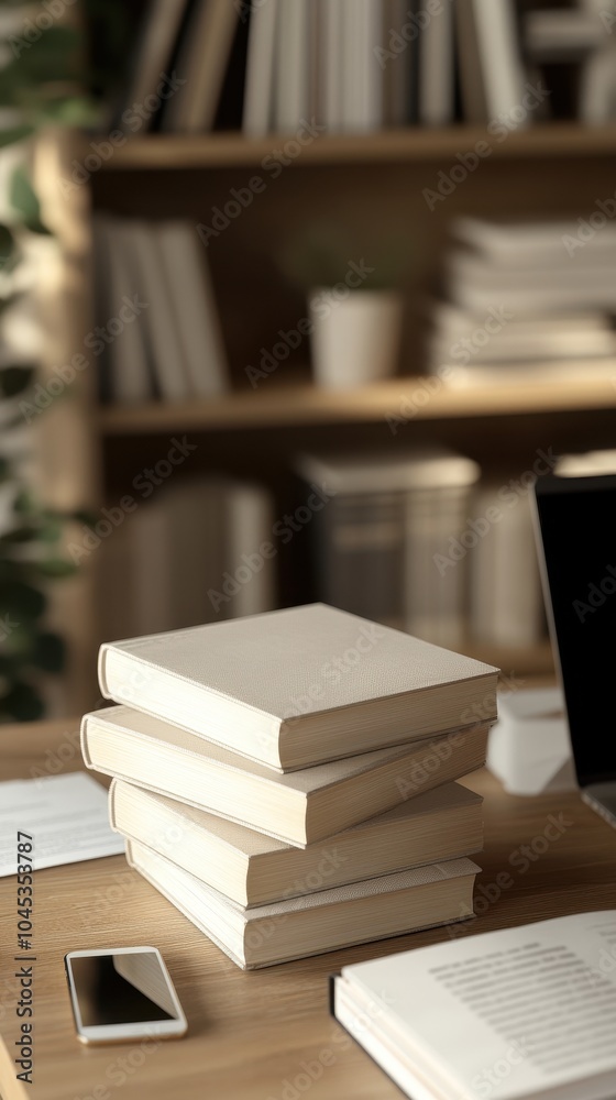 Hardcover books are stacked on an office desk surrounded by documents, a laptop, and a phone Hardcover books are stacked on an office desk surrounded by documents, a laptop, and a phone