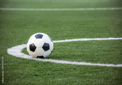 Soccer ball is waiting to be kicked on a green artificial turf field